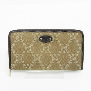 Celine Macadam Round Zip Long Wallet Khaki Green Brown Leather